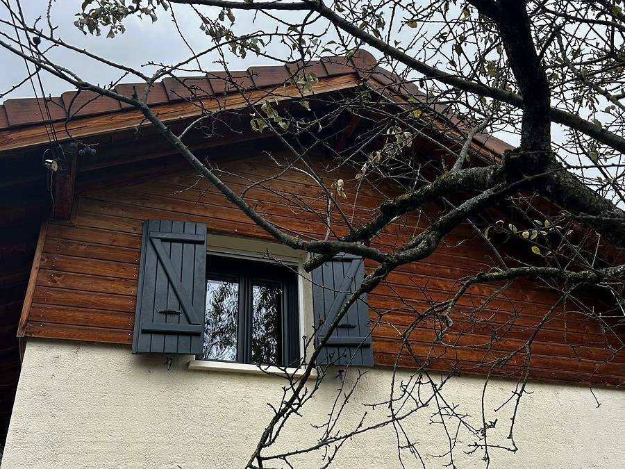 Branches au-dessus du toit d'un chalet