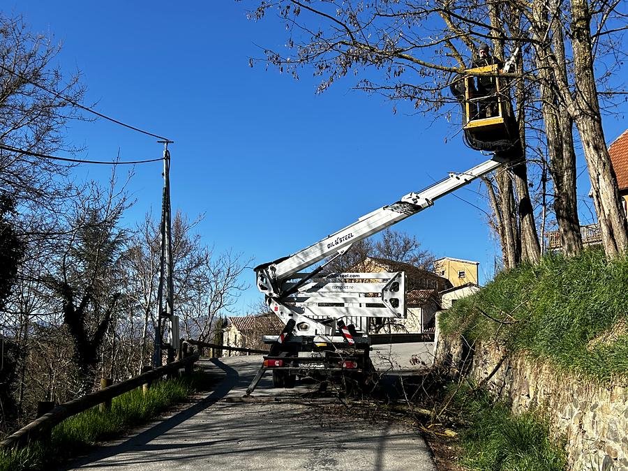 Camion nacelle au bord d'une route de village pour travailler sur de grands arbres, Chorges